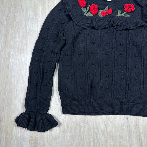 Kate Spade Black Poppy Rose Embroidered Bobble Detail Bell Cuff Sweater Medium - Picture 4 of 13